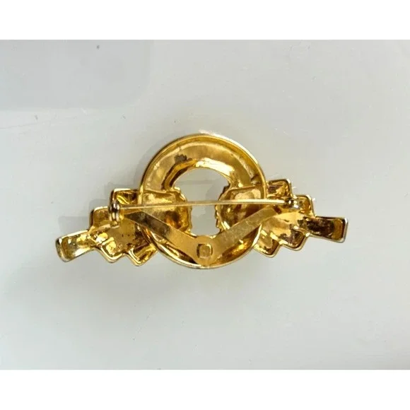Vintage Geometric Fanned Wings On Circle Brooch Pin 2.5" Liquid Gold Tone EUC - Picture 7 of 7